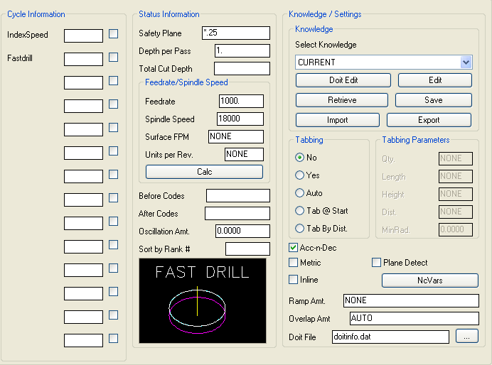 Fast Drill cut parameters.
