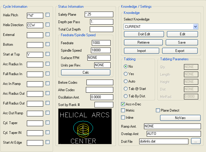 Helical Arcs Center parameters.