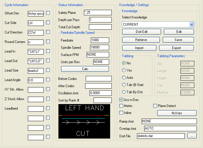 Left-Hand Cut parameters.