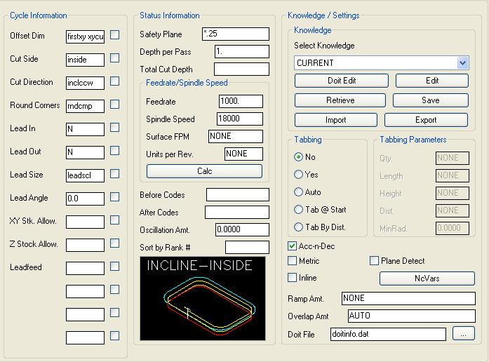 Incline-Inside cut parameters.