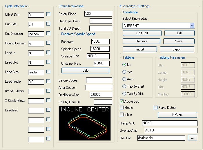 Incline Center parameters