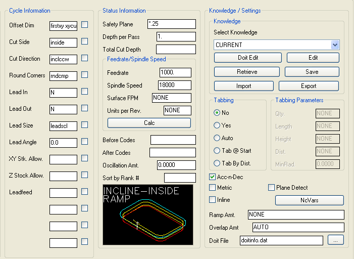 Incline-Inside Ramp cut parameters.
