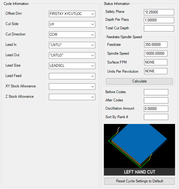 Left-Hand Cut parameters.