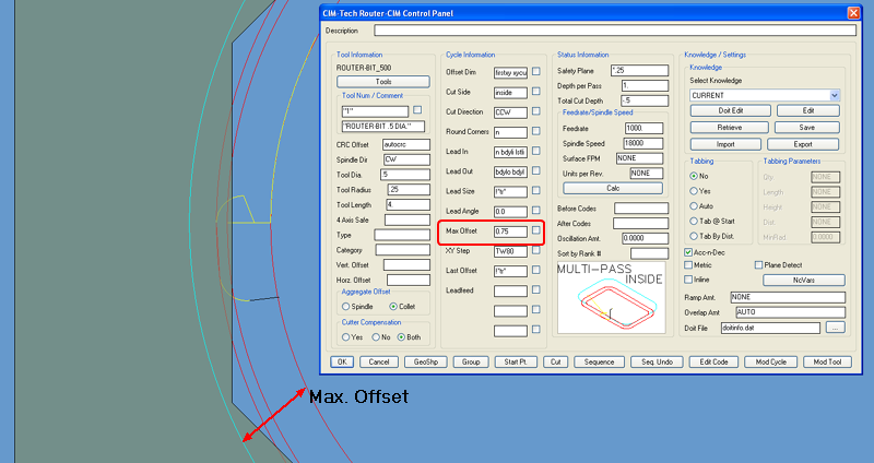 Max. Offset on Multi-Pass Inside tool path.