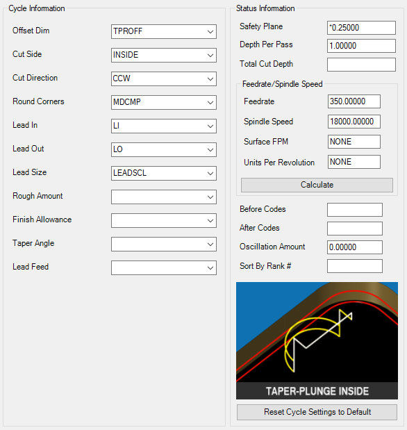 Taper-Plunge-Inside cycle parameters